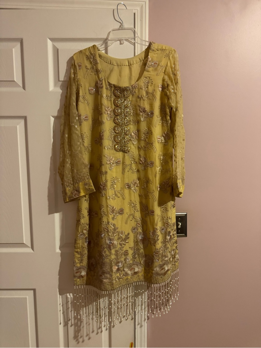 Embroidered Yellow Beaded Fringe Women's Dress